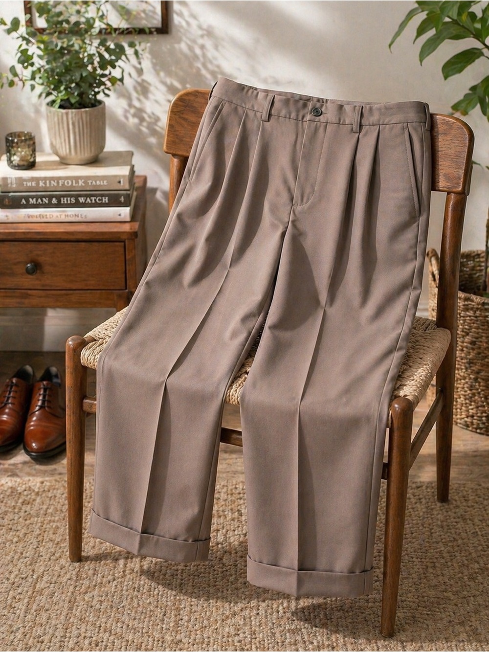 Brown Pleated Dress Pants 38x32 Cuffed Career Office Business Casual Mens Preppy